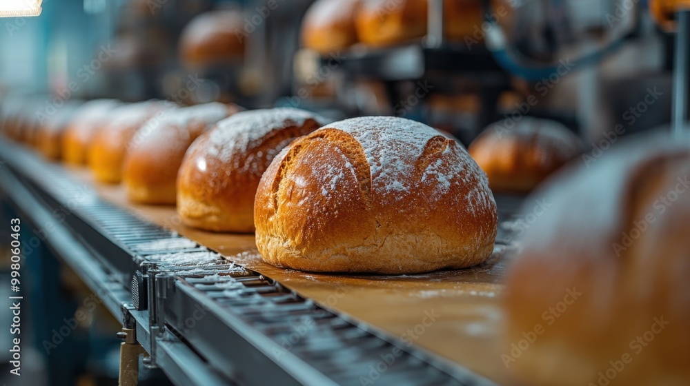 Poster automated bakery process concept with advanced bread making equipment in action, featuring copy spac