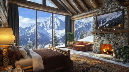 A cozy mountain retreat bedroom with a stone hearth, log furniture, and a large picture window overlooking snowy peaks