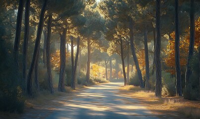 Fototapeta premium Peaceful Forest Road with Towering Pine Trees and Sunlight Filtering Through Leaves