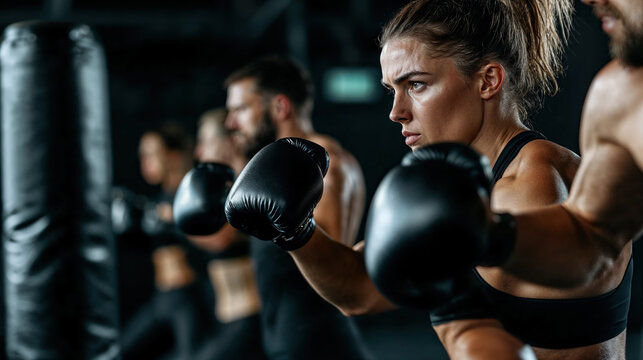 Group training in a gym for kickboxing enthusiasts