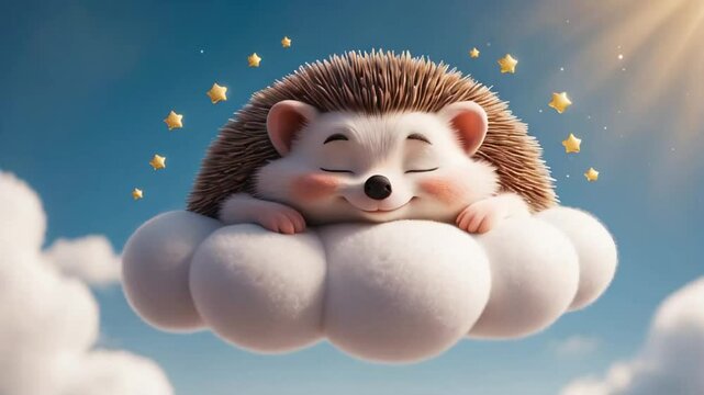 Little cute cartoon hedgehog sleeping on a cloud decoration