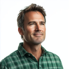 Obraz premium A photograph of a happy, handsome, mature man wearing a green plaid shirt, looking to the side, isolated on a white background, with soft studio lighting, a portrait photograph.