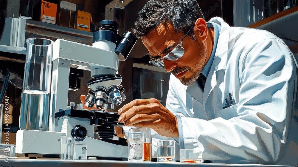 Poster scientist using a microscope