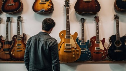 A man is intently looking at a variety of guitars hanging on a wall
