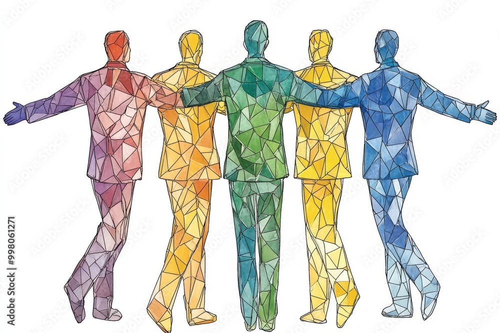 Poster abstract geometric illustration of interconnected human figures in vibrant colors symbolizing unity 