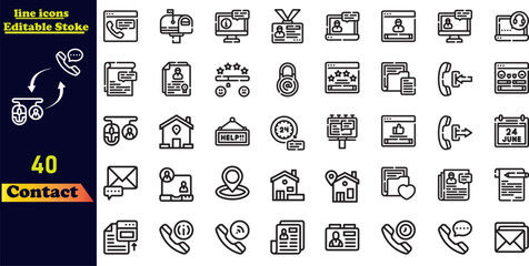 Contact stroke icon set featuring e-mail, phone, address, customer service, call, website, and more. Editable stroke vector icons collection.