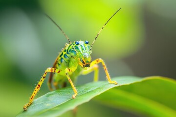 Fototapeta premium Colorful green insect perched on a leaf in a lush jungle environment during daylight hours