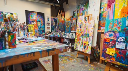 Creativity Unleashed: Vibrant Art Studio with Colorful Paintings and Creative Energy