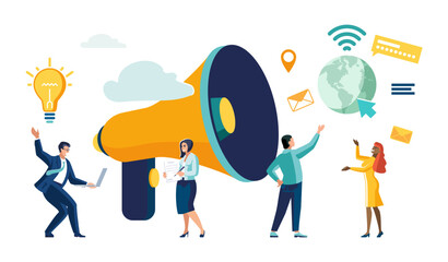 Promoting communication with customers, Sending important messages, Marketing activities with social media campaigns, Business marketing media. Advertising teams, or announcements with a megaphone