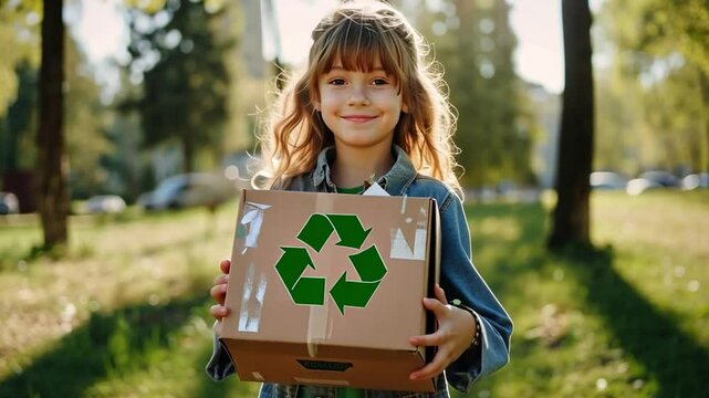 A cute girl holding a box with a plastic recycling logo in the park