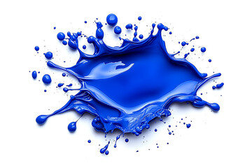 A splash of blue paint on a white background. The blue paint is splattered and has a messy, chaotic appearance. Scene is one of energy and movement, as if the paint is in motion and spreading outwards