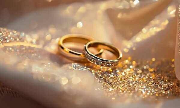 Macro of beautiful wedding rings on sparkling background