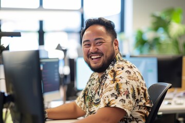 Cheerful Pacific Islander programmer man working with computers in office. , background blur