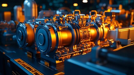 Fototapeta premium Close-up of advanced industrial machinery with bright orange glow.