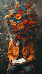 Fototapeta premium A person with a floral head sits reading a book in a serene setting.