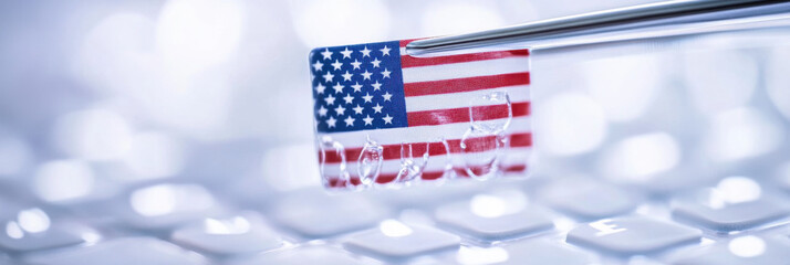 Small American flag held by medical tweezers on blurred biomedical background