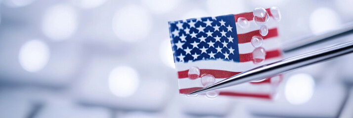 Small American flag held by medical tweezers on blurred biomedical background