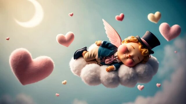 Little cute cartoon baby angel cupid sleeping on a cloud decoration