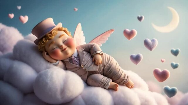 Little cute cartoon baby angel cupid sleeping on a cloud decoration
