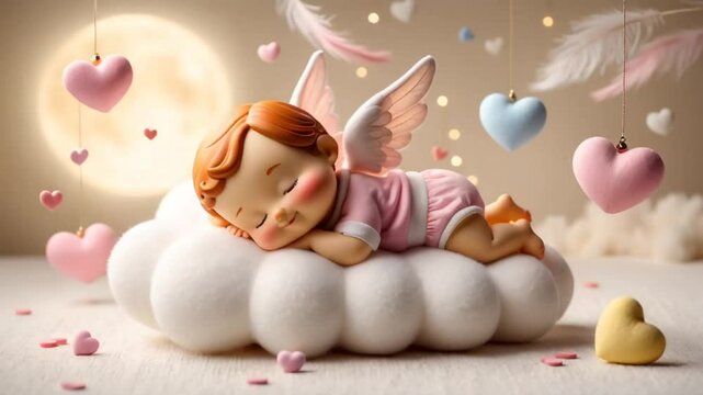 Little cute cartoon baby angel cupid sleeping on a cloud decoration