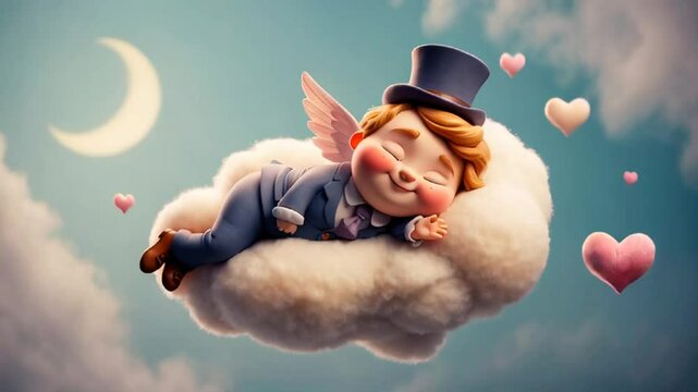 Little cute cartoon baby angel cupid sleeping on a cloud decoration