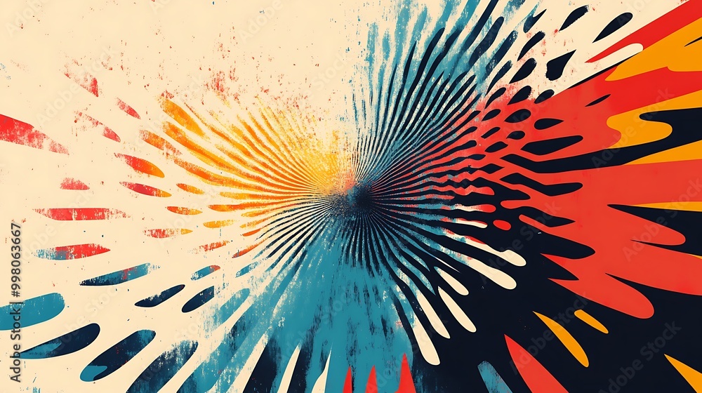 Poster abstract radial pattern with colorful stripes and dots on a vintage background.
