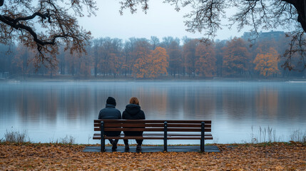 Obraz premium Two people sit on a bench by a lake, enjoying the peaceful scenery