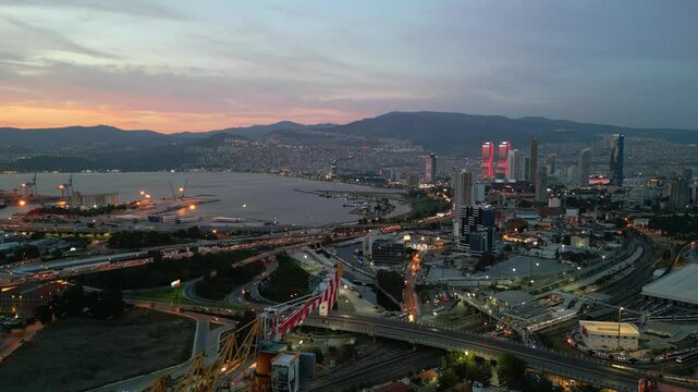 Aerial Drone View Of New City Center Of Izmir, Bayrakli At Night.4k video