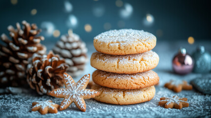 A stack of cookies with a snowflake on top and a pine cone on the bottom