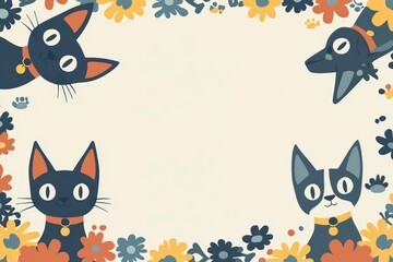 Fototapeta premium Cute Cats and Dog Border with Floral Frame