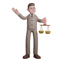 Legal Service Provider 3D. A male lawyer is standing with his left hand holding a legal scale, while his right hand is raised up. Male Lawyer Cartoon