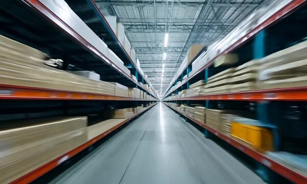 Wide angle of a large warehouse with rows of empty shelves