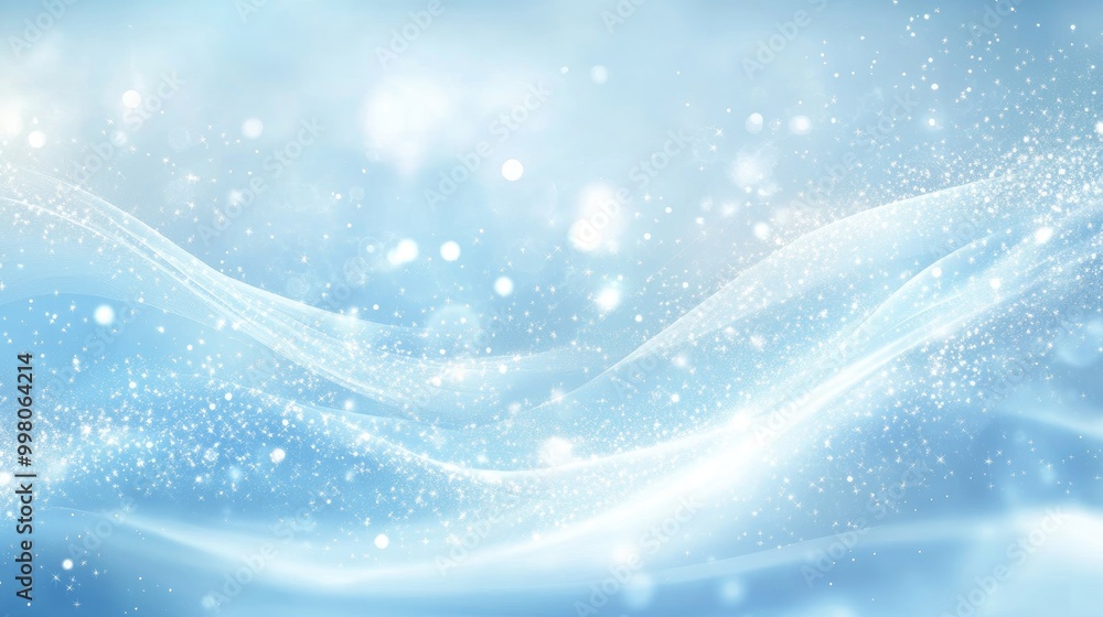 Poster beautiful holiday abstract light blue background with frosty patterns and sparkling lights, creating
