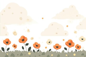 Fototapeta premium Orange Flowers and Clouds in a Whimsical Illustration