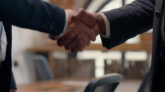 Close up males hands handshaking two unrecognizable diversity success business meeting businessmen multiracial workers insurance loan credit partnership cooperation office African Asian men handshake
