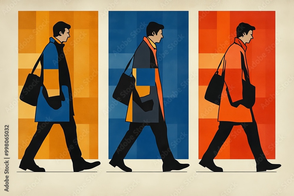 Poster Artistic pattern of two individuals walking in opposite directions symbolizing separation individuality and unity in a minimalist design