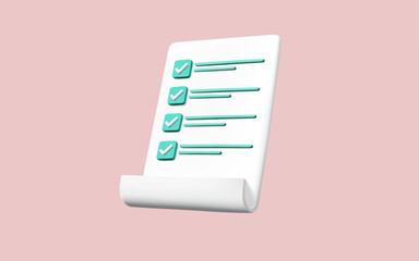 3d Vector illustration of Checklist icon on pink background. Business and education. Survey, Exam form, Planning and organization of work, project plan, Document with check marks, Todo checklist