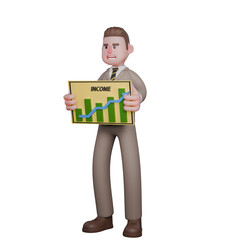 Animated Male Lawyer. A male lawyer is standing with both hands holding a graph chart. 3D Legal Professional