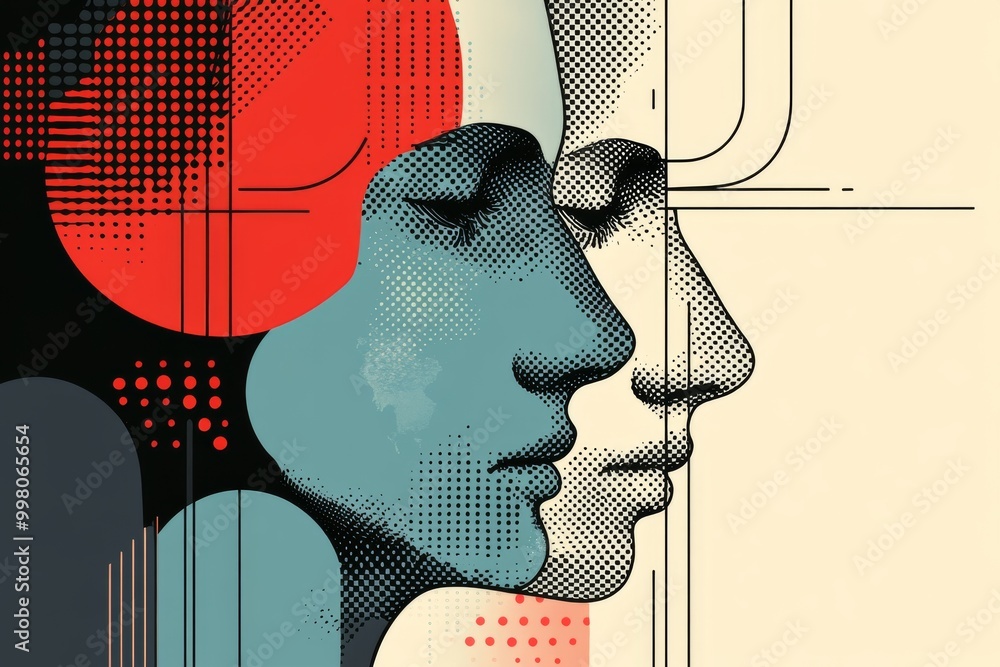 Aufkleber abstract side profile of faces overlaid with digital elements representing human connection technolo