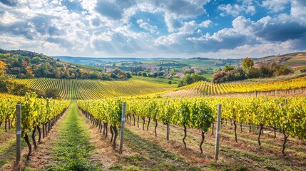 Fototapeta premium Serene Vineyard Landscape with Rows of Grapevines in the Afternoon Sun