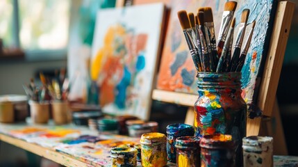 Creative Haven: Vibrant Art Studio with Colorful Canvases and Inspiring Tools