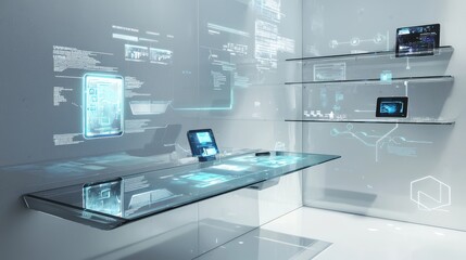 A futuristic workspace with an all-glass desk, floating shelves, and interactive surfaces that sync with smart devices