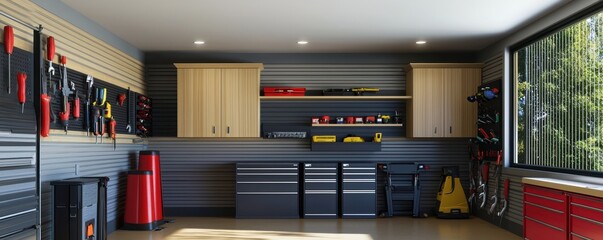 A garage with a smart organizational system that uses AI to track tool usage and maintenance schedules, and features integrated tutorials for DIY projects