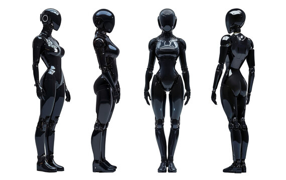Different angles of android robot girl in cyberpunk style on isolated background