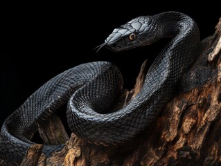 Fototapeta premium Dark and mysterious black snake coiled on a tree branch