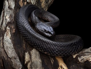 Obraz premium Close-up of a sleek black snake draped over a rough branch