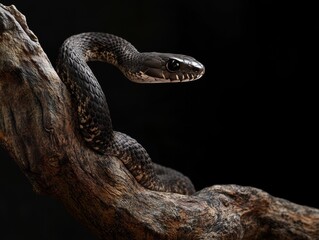 Elegant black snake coiled on a tree branch against a dark background