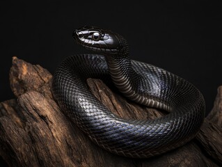 Serpentine black snake entwined around a rugged branch