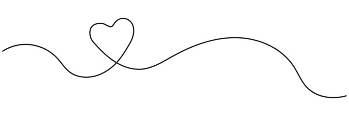 Heart and love sign in continuous one line drawing. Thin flourish and romantic symbol in simple linear style. Editable stroke. Minimalistic Doodle vector