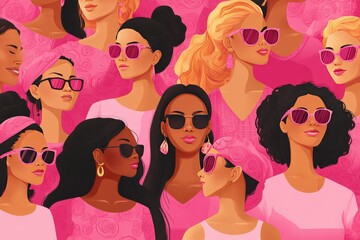 Seamless pattern of women in various colorful sunglasses symbolizing diversity fashion and individuality in a fun and vibrant design